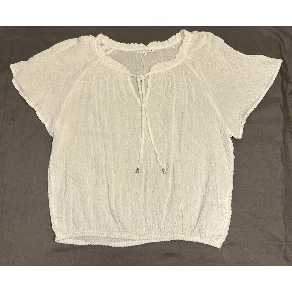 Jane + Delancey White Crinkle Peasant Blouse L Short Sleeve Tie Neck Rayon Top